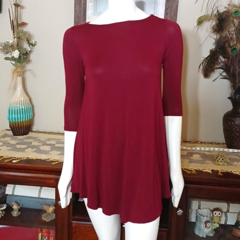 Sz S Maroon 3/4 Sleeve Silky Tunic/Dress by ALL FOR YOU